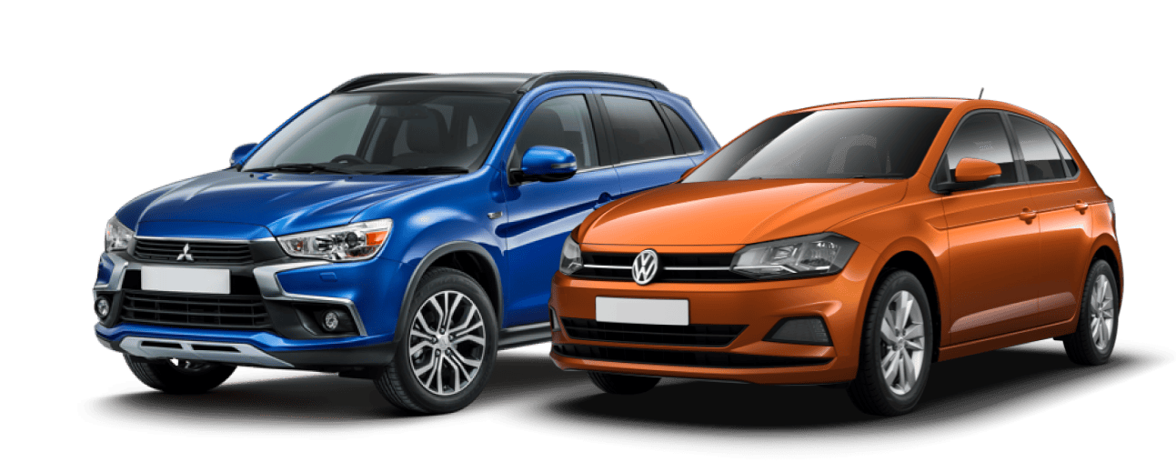 Dos coches SEAT (azul y naranja) sin fondo