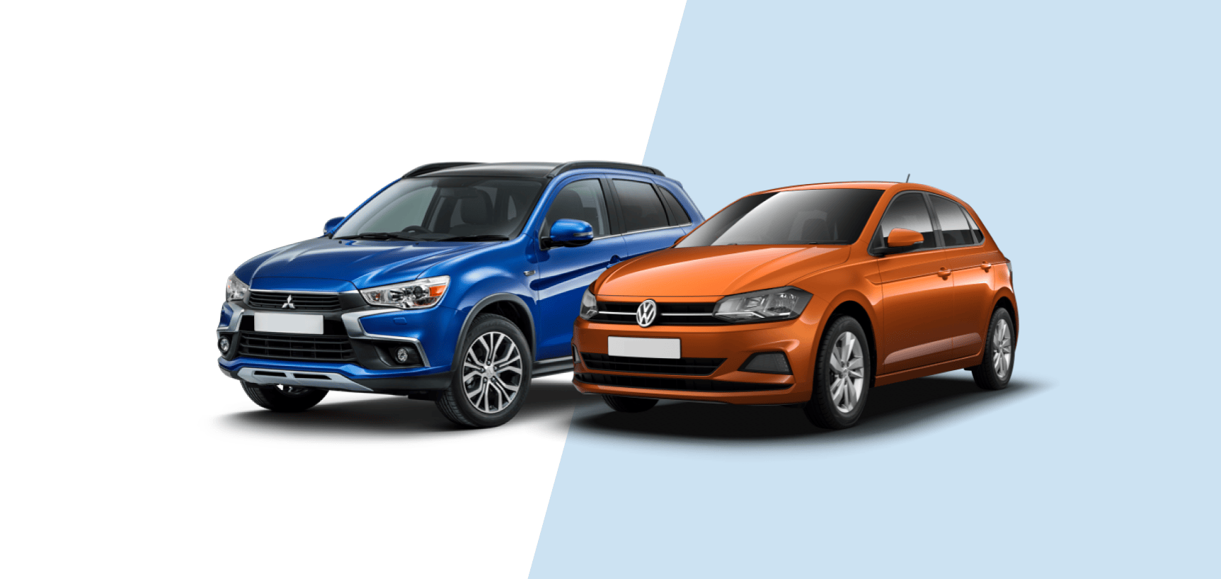 Dos coches SEAT (azul y naranja) sobre fondo azul claro